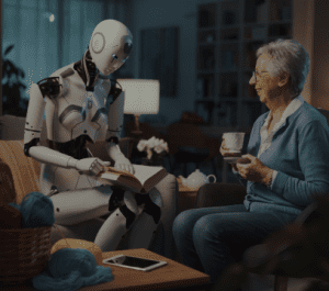 Un robot compartiendo entre humanos, haciendo cosas cotidianas como leer o compartir una conversación.