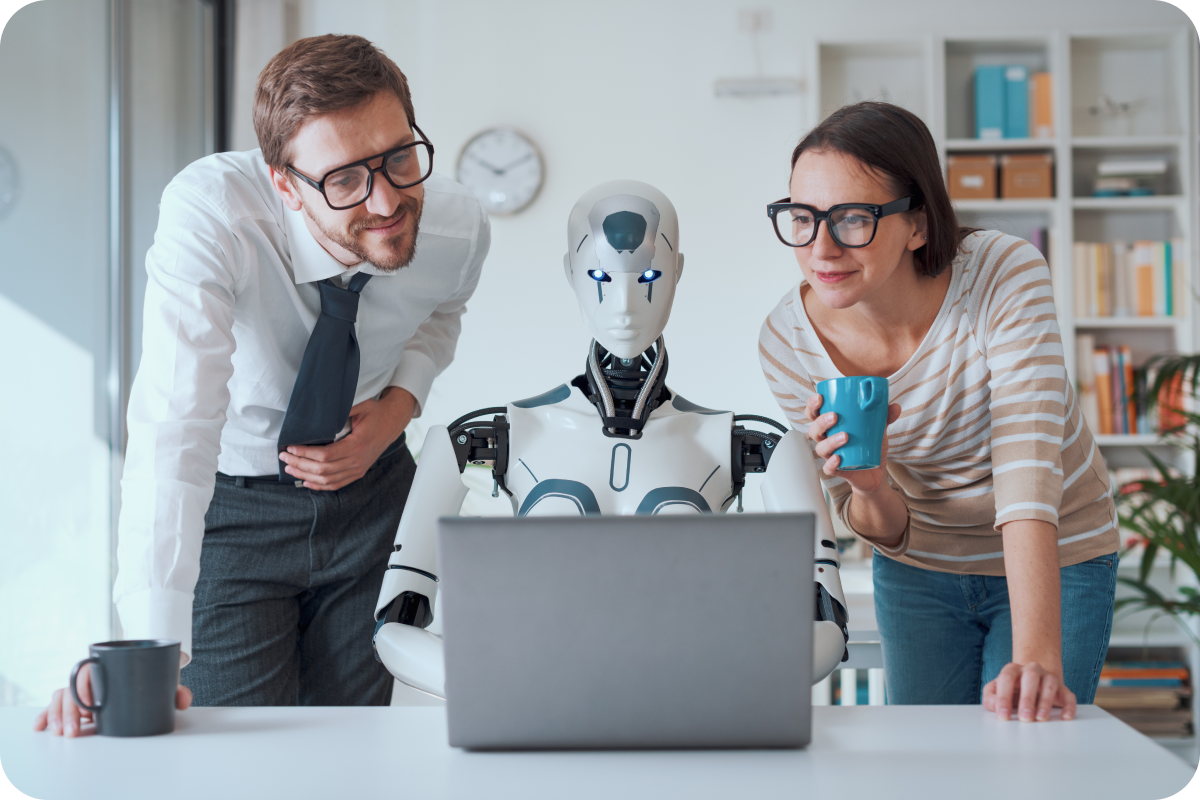 humanoid robot working in front of a computer