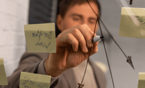 Man writing notes on post-its, working on a collaborative whiteboard.